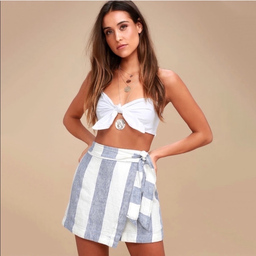 Free People Uptown Days Linen Blue White Stripe Wrap Skirt